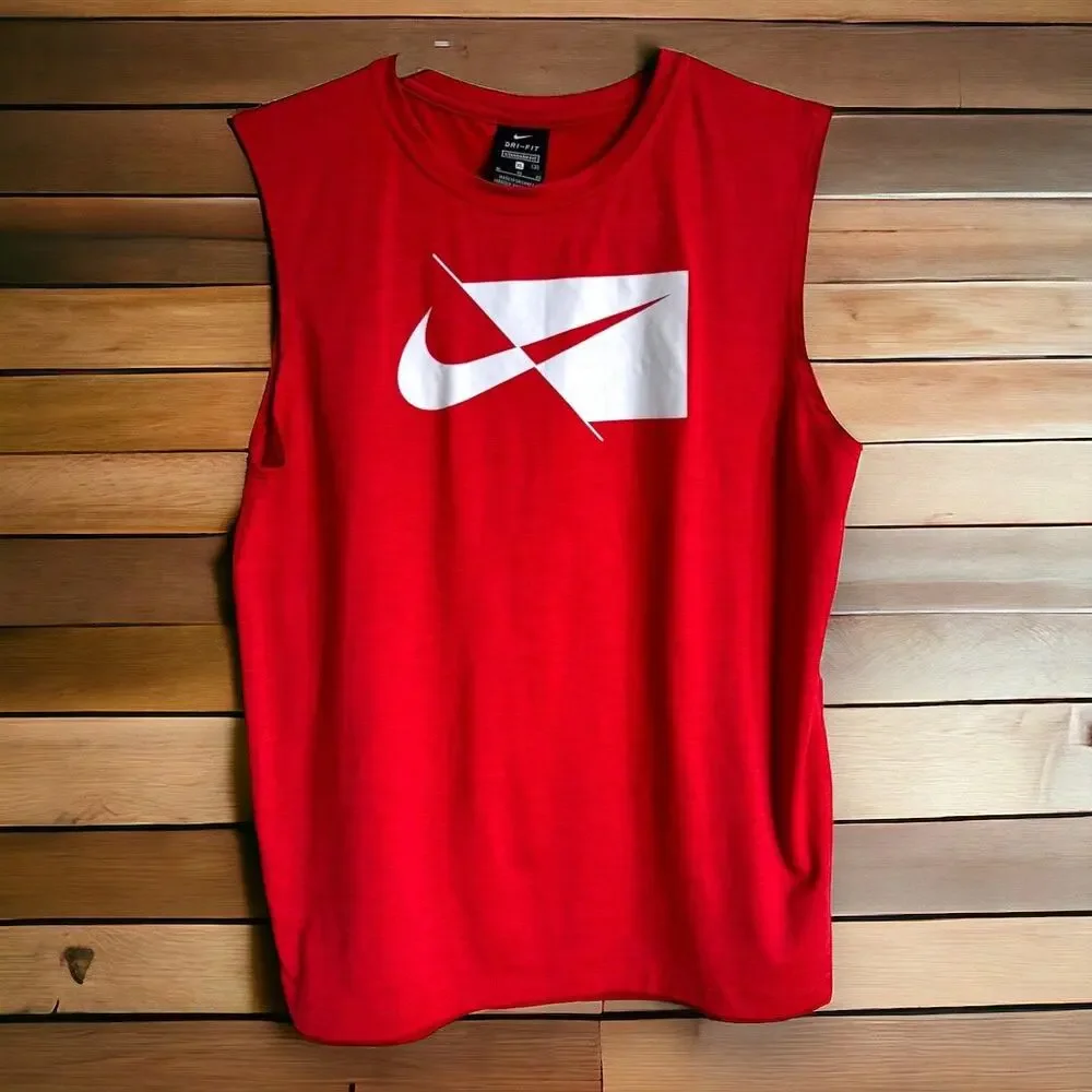 Nike Boys Tank Top Sz XL Red Muscle Screen‎ Print White Swoosh Logo Shirt